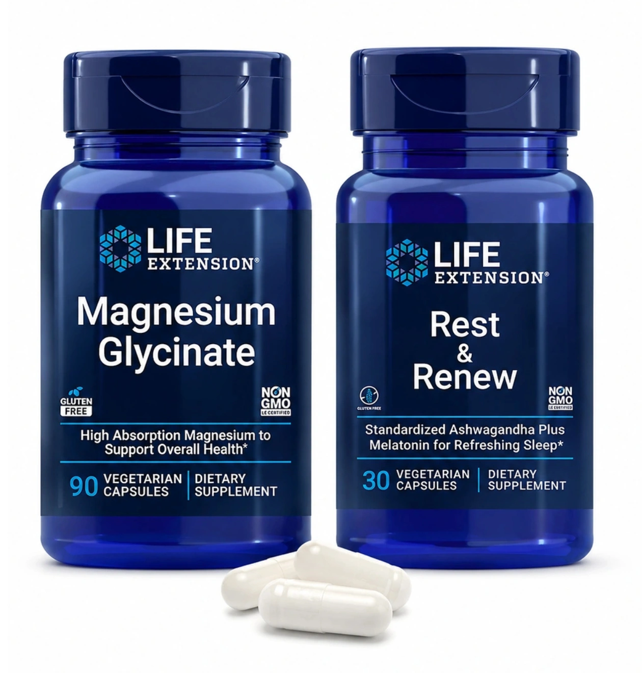 Life Extension Magnesium Glycinate in Rest & Renew dodatka za protokol OPTIMO SLEEP – globok spanec z magnezijem, ashwagandho in melatoninom