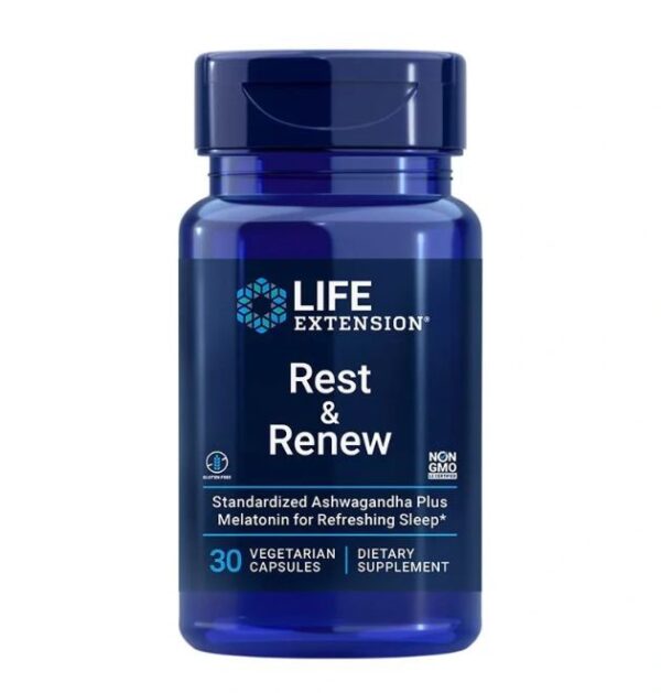 Life Extension Rest & Renew Life Extension Rest & Renew 30 vegetarijanskih kapsul s standardizirano ashwagandho in melatoninom za osvežujoč spanec