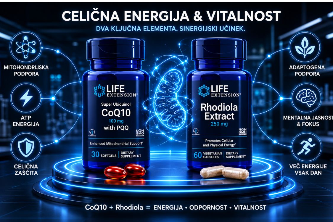 OPTIMO ENERGIE infografika: Life Extension CoQ10 z PQQ in Rhodiola Extract za celično energijo, mitohondrijsko podporo in vitalnost
